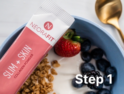 Lifestyle shot of NeoraFit Slim + Skin Collagen Powder sachet over a light blue bowl containing granola, yogurt, and various berries.